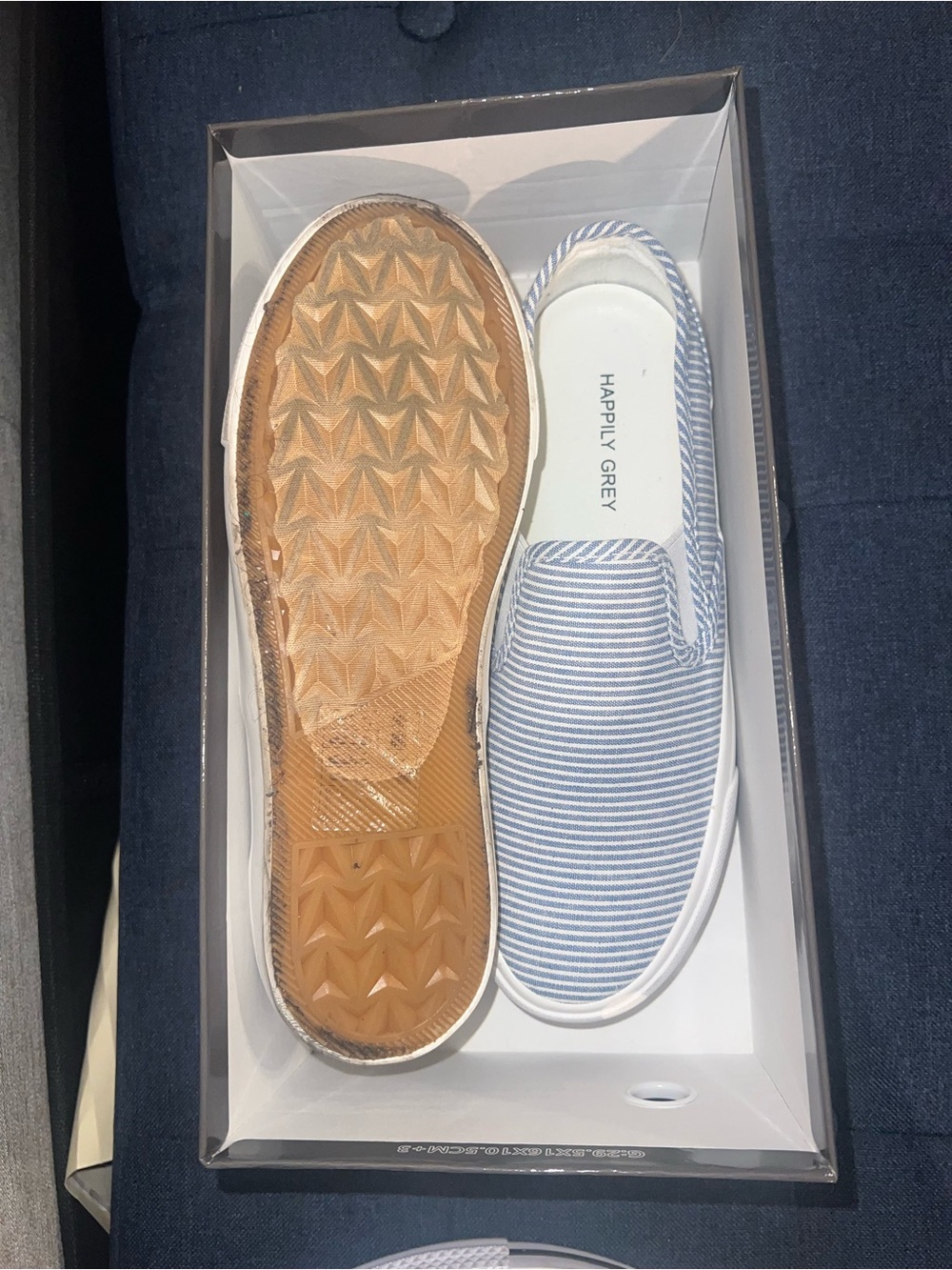 Happily Grey Women’s Slip-On Loafer in Blue & White Stripe